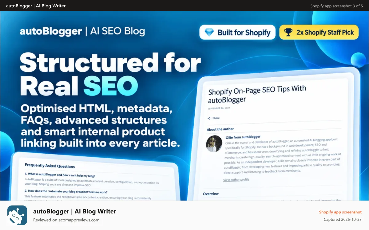 autoBlogger | AI Blog Writer Shopify app screenshot: SEO blog article generated by AI blog writer, with backlinks