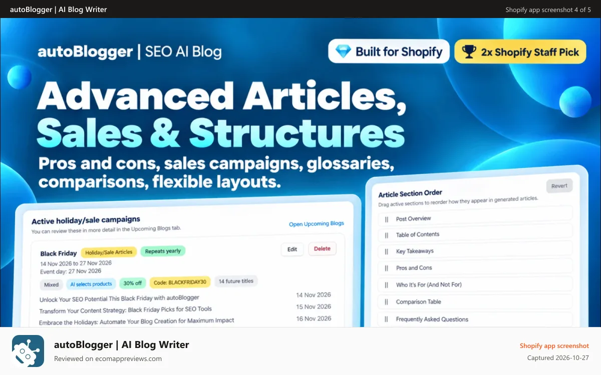 autoBlogger | AI Blog Writer Shopify app screenshot: SEO holiday sale campaign for AI blog generator e.g black friday