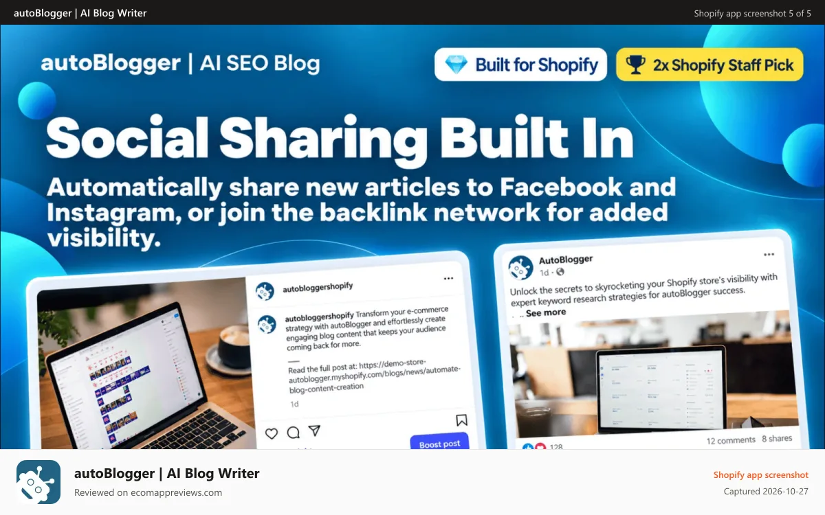 autoBlogger | AI Blog Writer Shopify app screenshot: Auto blog SEO sharing and backlink automation, for blackfriday