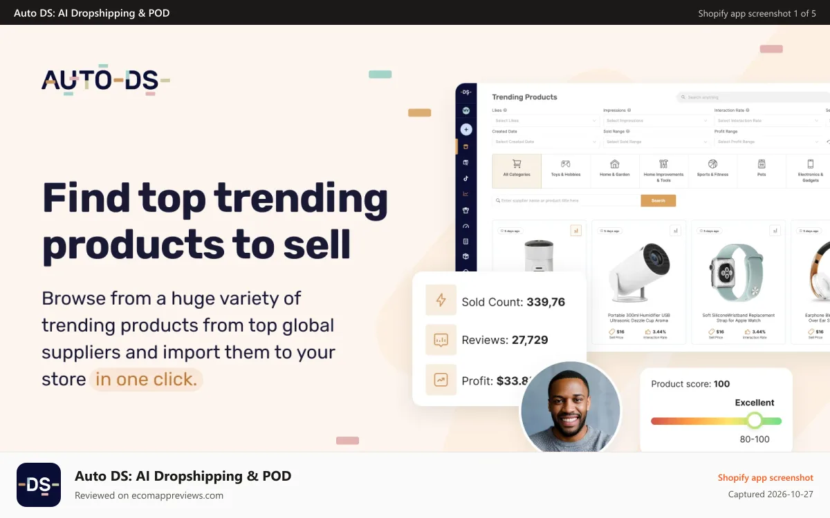 Auto DS: AI Dropshipping & POD Shopify app screenshot: Find a huge variety of trending dropshipping products