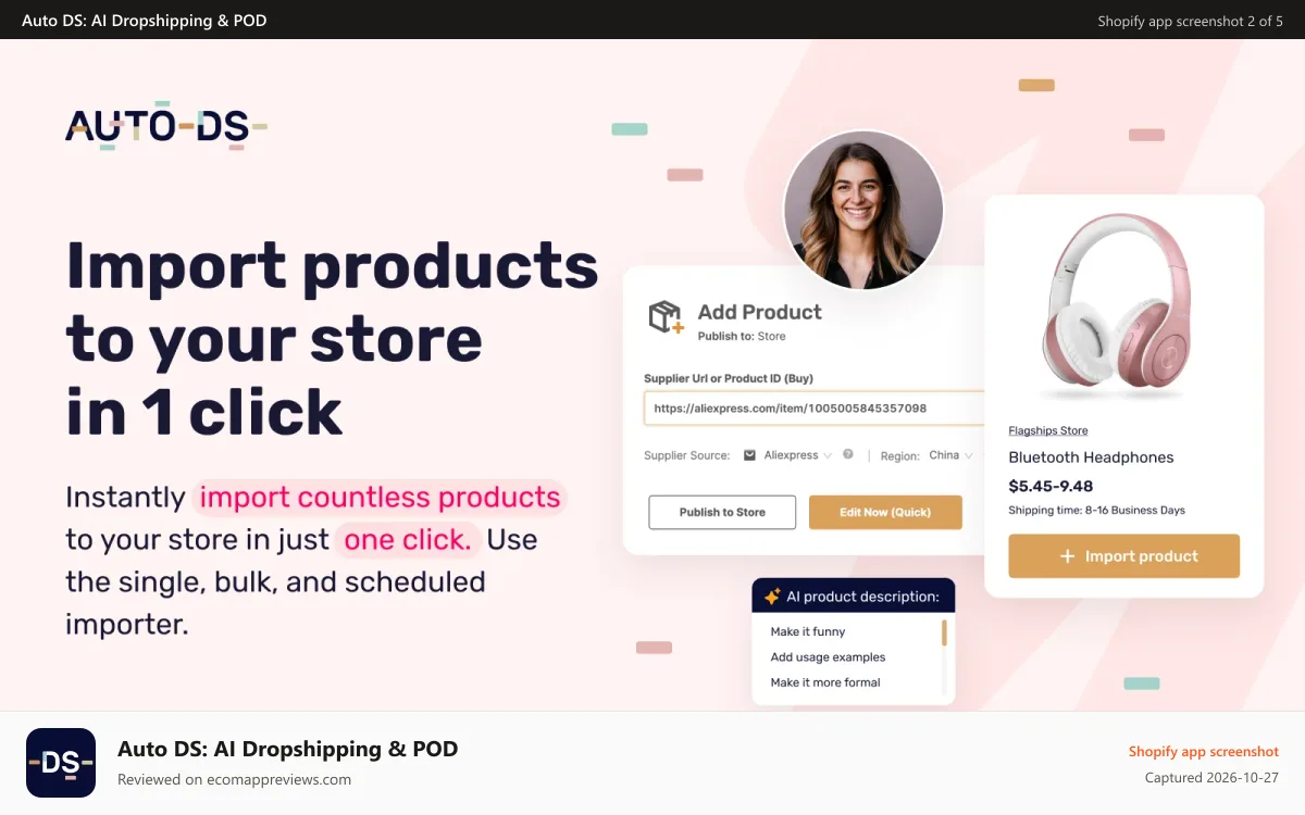 Auto DS: AI Dropshipping & POD Shopify app screenshot: Import trending dropshipping products to your store in one click