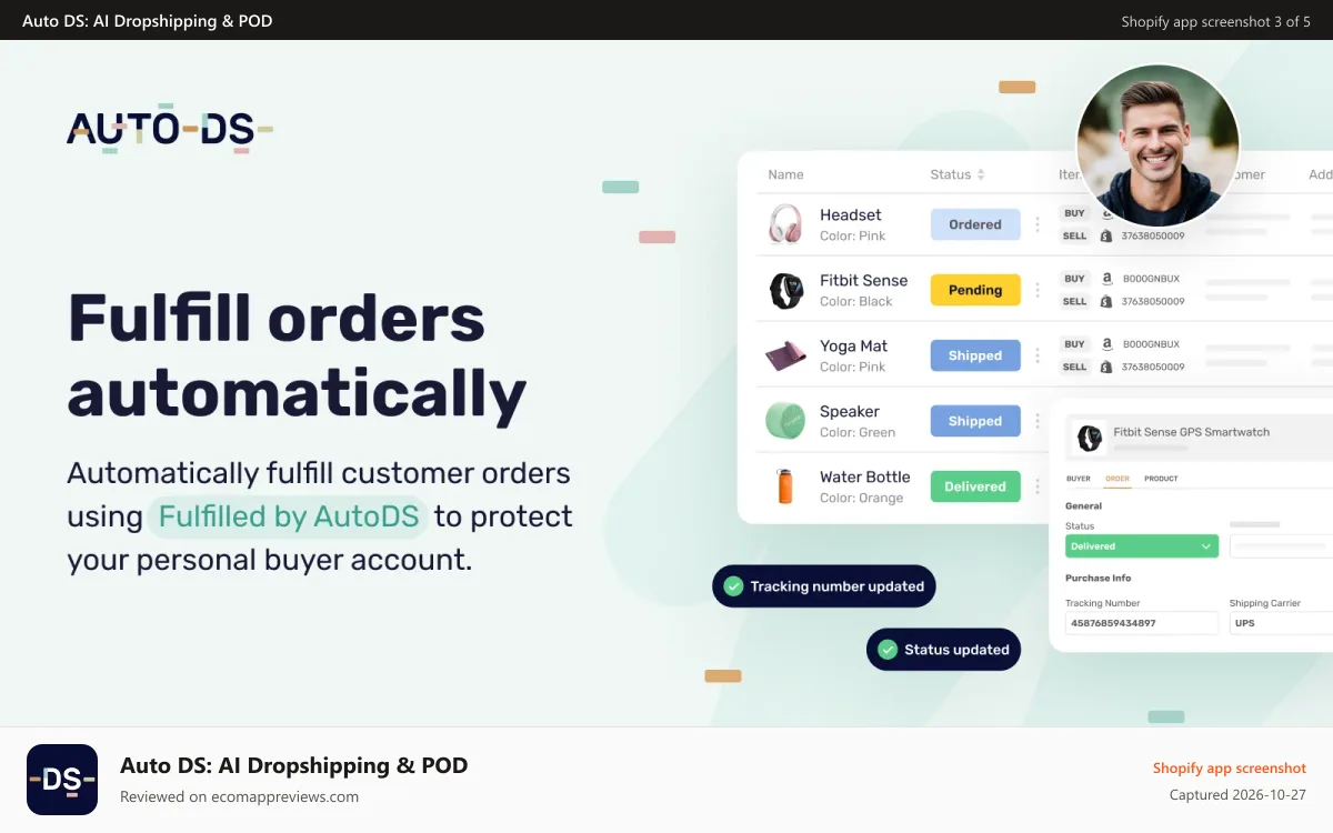 Auto DS: AI Dropshipping & POD Shopify app screenshot: automatics fulfillment for your shopify dropshipping orders POD