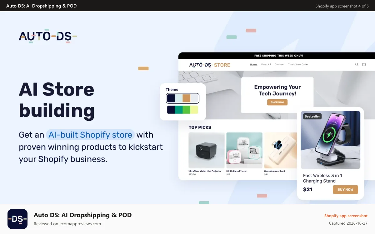 Auto DS: AI Dropshipping & POD Shopify app screenshot: get an AI Shopify dropshipping store with out AI store builder