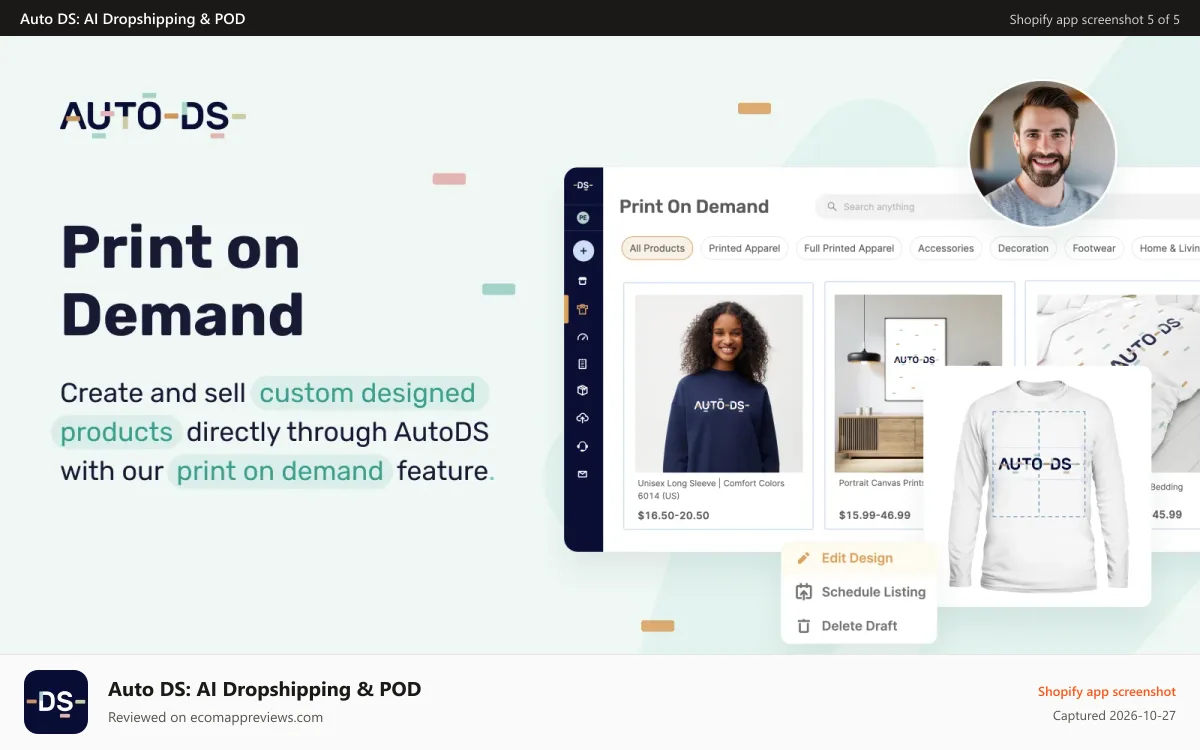 Auto DS: AI Dropshipping & POD Shopify app screenshot: Sell custom designed products with AutoDS print on demand (POD)
