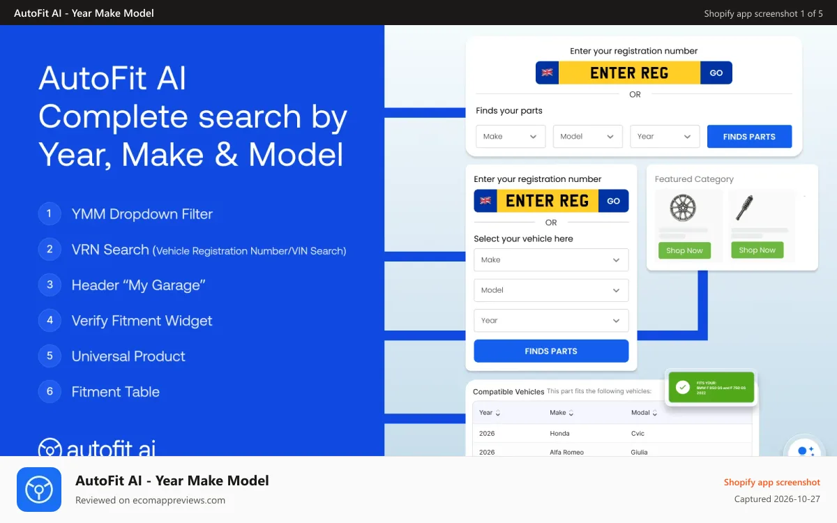 AutoFit AI ‑ Year Make Model Shopify app screenshot: AutoFit AI - Year Make Model