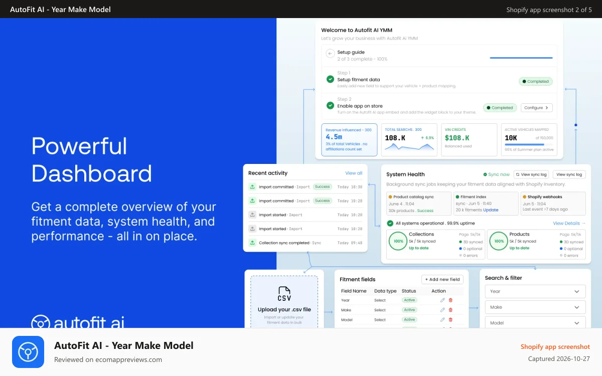 AutoFit AI ‑ Year Make Model Shopify app screenshot: Fitment database editor for Year Make Model data