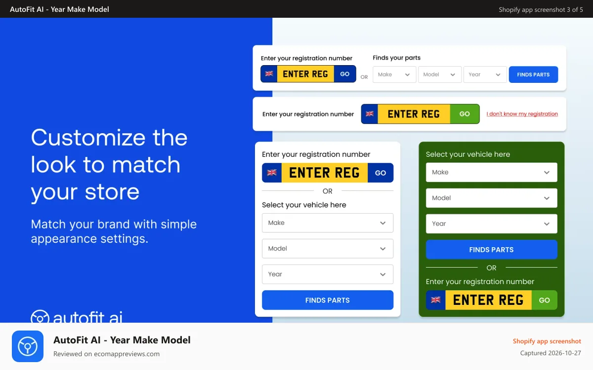 AutoFit AI ‑ Year Make Model Shopify app screenshot: Customize the look to match your store