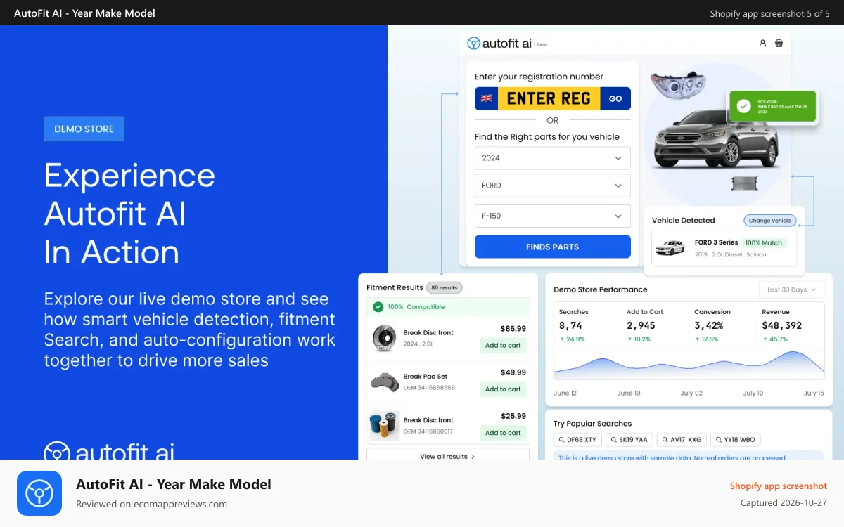 AutoFit AI ‑ Year Make Model Shopify app screenshot: Experience Autofit AI In Action - Demo Store