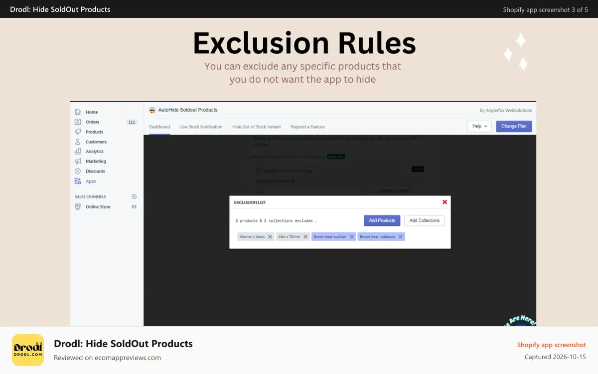 Drodl: Hide SoldOut Products Shopify app screenshot: exclude products from hiding