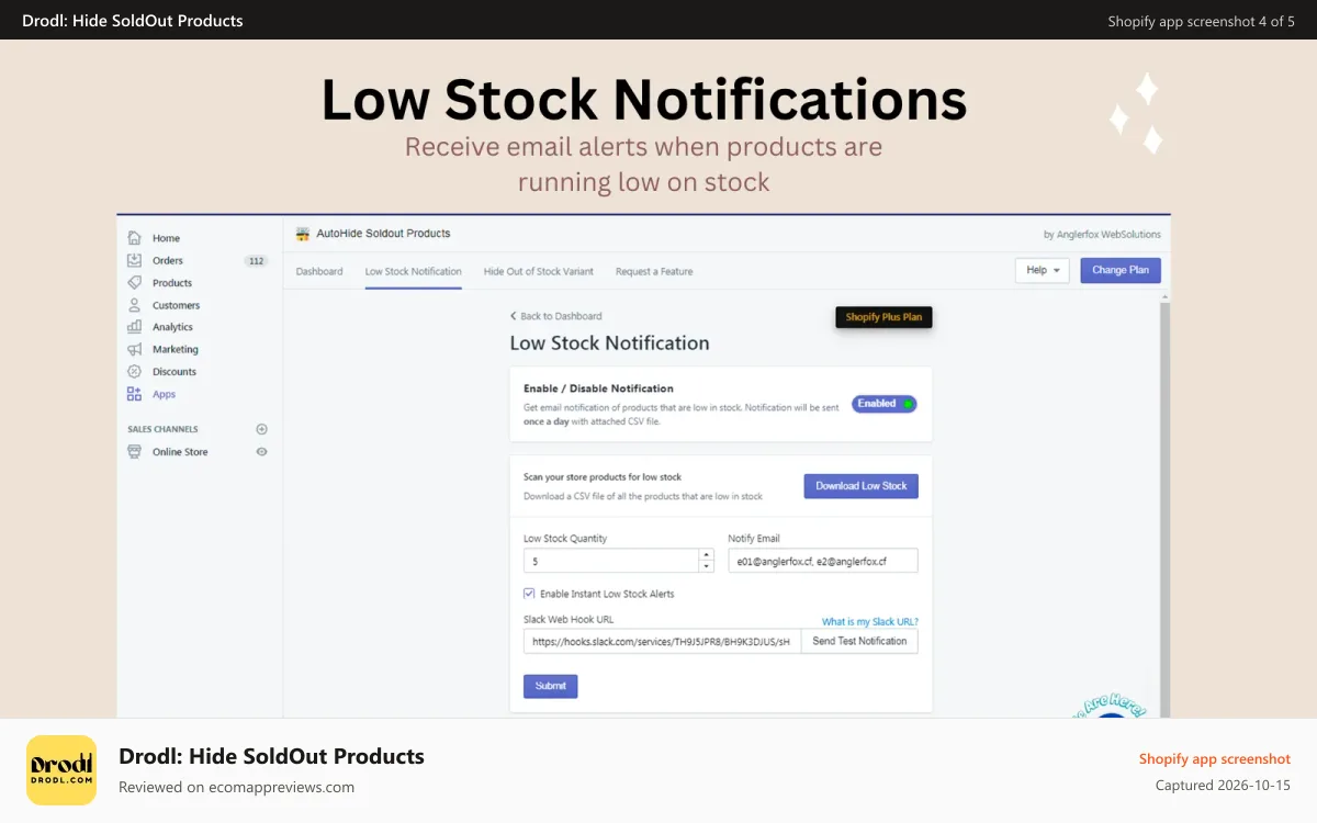 Drodl: Hide SoldOut Products Shopify app screenshot: low stock products notification