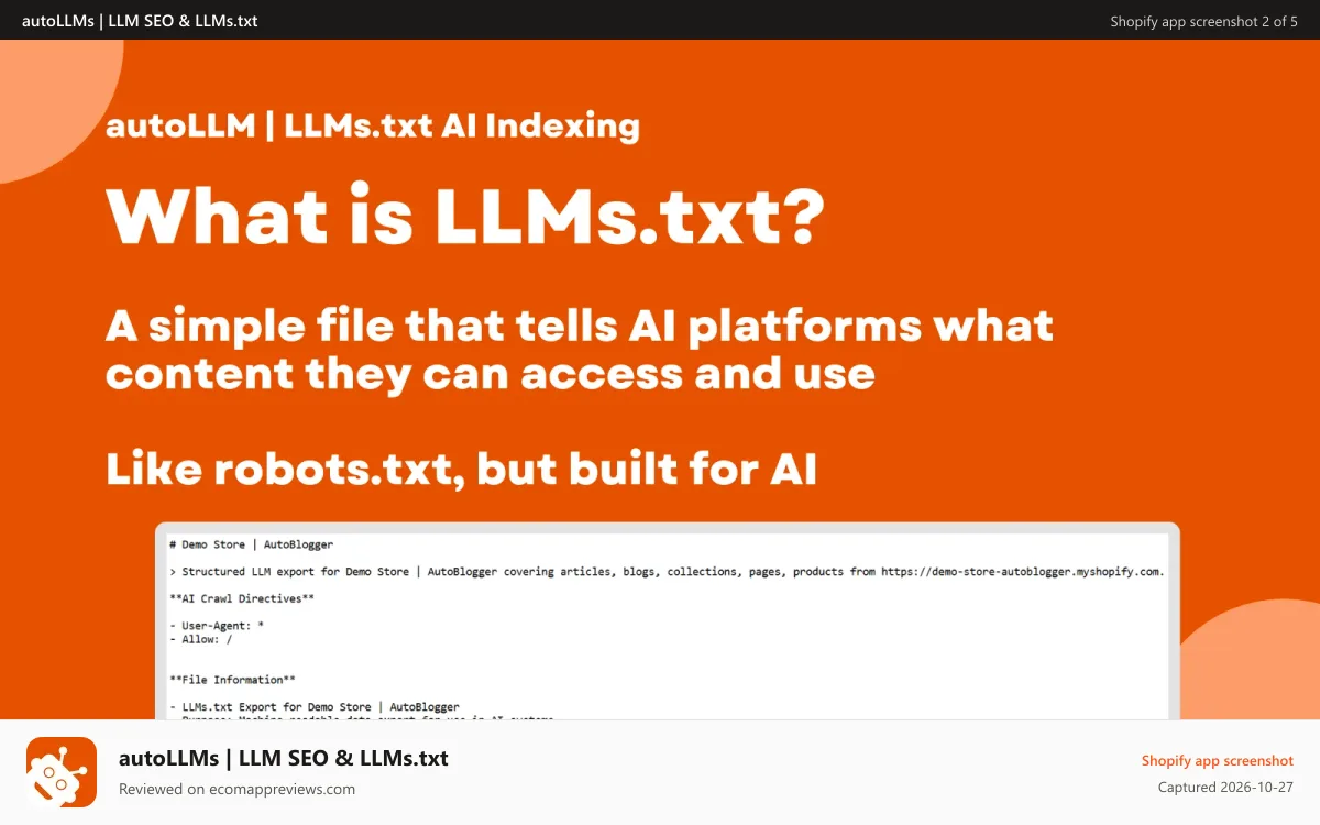 autoLLMs | LLM SEO & LLMs.txt Shopify app screenshot: AI SEO features for LLMs.txt, AI indexing and automation