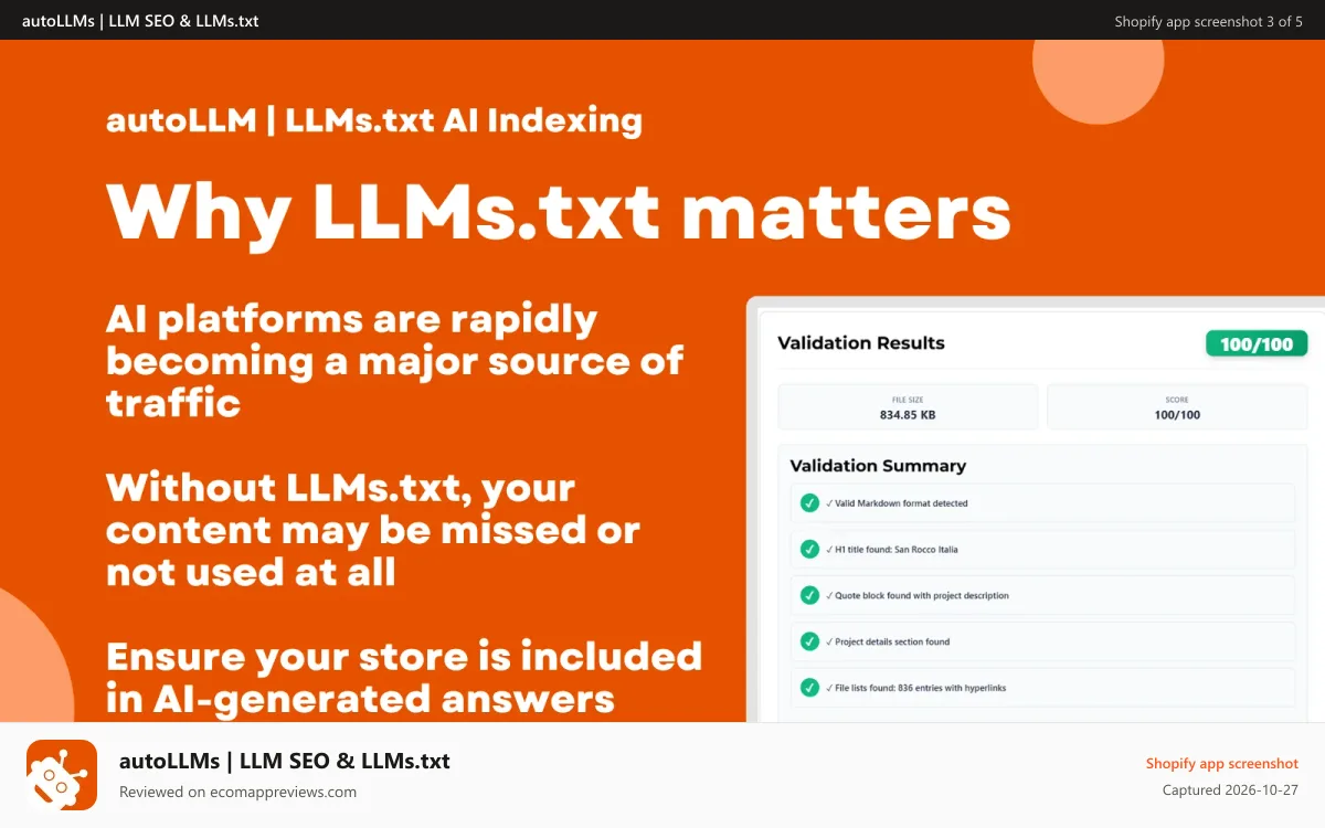 autoLLMs | LLM SEO & LLMs.txt Shopify app screenshot: Generate LLMs.txt file in Shopify admin for AI indexing
