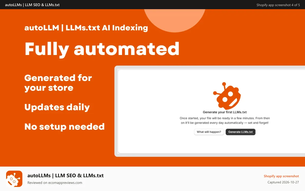 autoLLMs | LLM SEO & LLMs.txt Shopify app screenshot: LLMs.txt live with daily AI SEO updates and automation