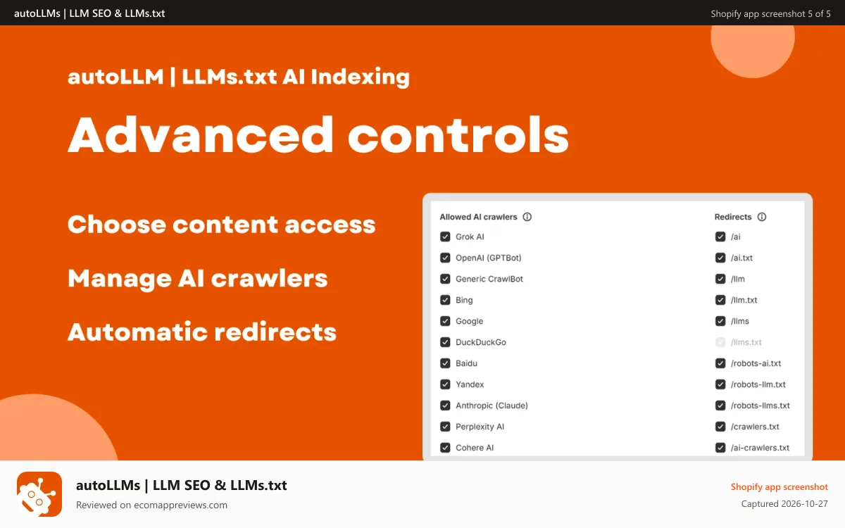 autoLLMs | LLM SEO & LLMs.txt Shopify app screenshot: Advanced AI crawler controls and LLMs.txt redirects