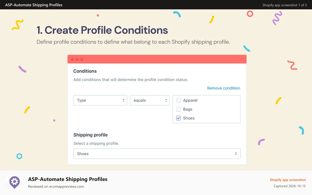 ASP‑Automate Shipping Profiles Shopify app screenshot: Create Profile Conditions