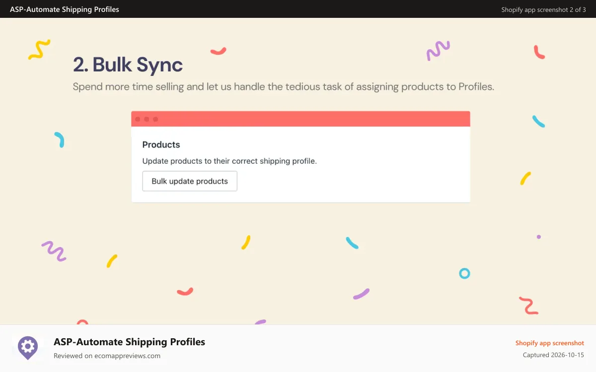 ASP‑Automate Shipping Profiles Shopify app screenshot: Bulk Sync