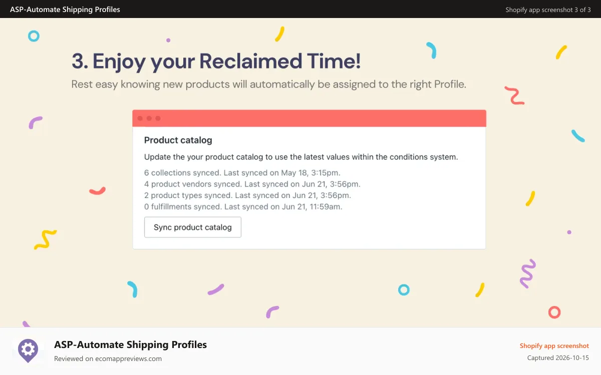 ASP‑Automate Shipping Profiles Shopify app screenshot: Enjoy Reclaimed Time