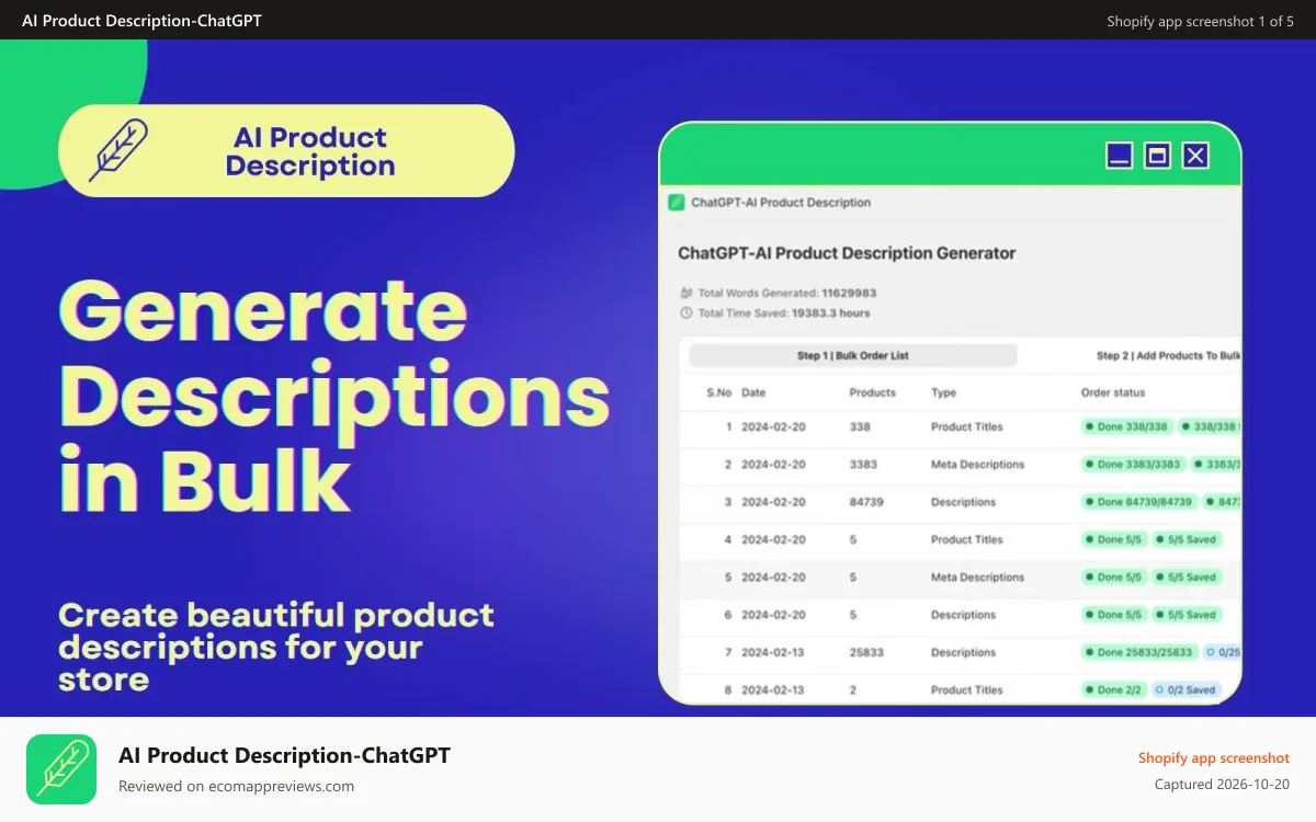 AI Product Description‑ChatGPT Shopify app screenshot: Bulk Product Descriptions By ChatGPT. Generate 10000+ Titles