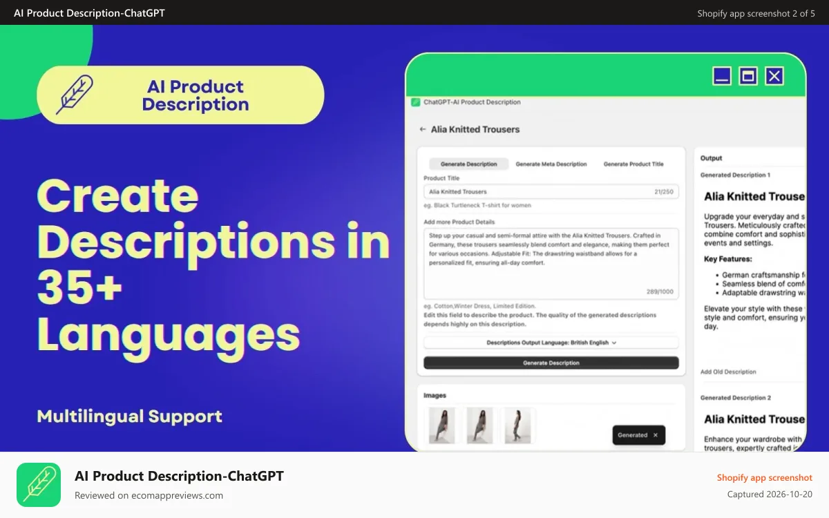 AI Product Description‑ChatGPT Shopify app screenshot: Generate Product Descriptions in Multiple Languages
