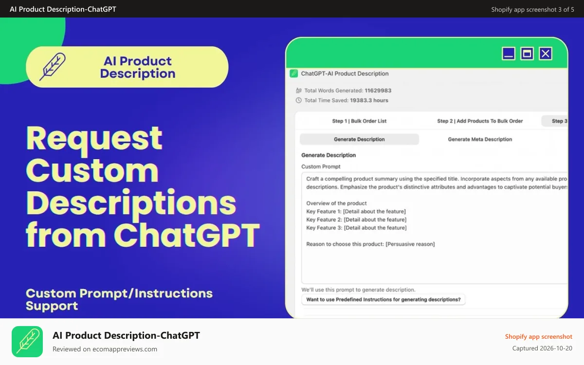 AI Product Description‑ChatGPT Shopify app screenshot: Tell ChatGPT to create descriptions fitting your criteria