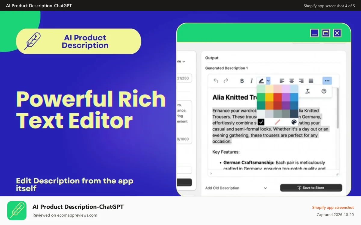 AI Product Description‑ChatGPT Shopify app screenshot: Powerful Embedded Product Description Editor