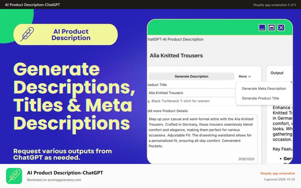 AI Product Description‑ChatGPT Shopify app screenshot: Different Types of Generations like Descriptions, Titles etc.