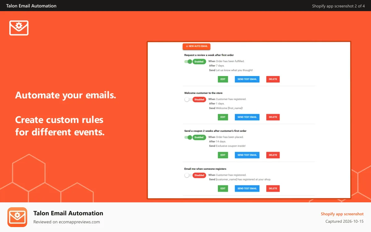 Talon Email Automation Shopify app screenshot: Build automated email rules for many events