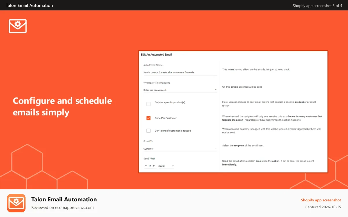 Talon Email Automation Shopify app screenshot: Configure and schedule emails simply