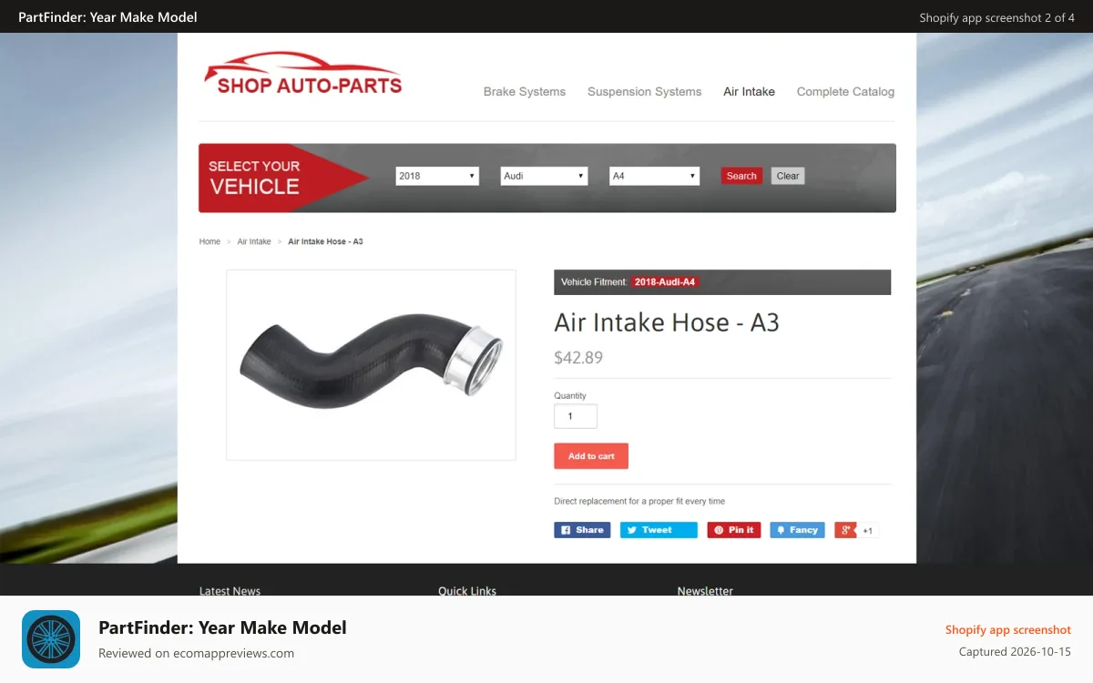 PartFinder: Year Make Model Shopify app screenshot: Product Vehicle Fitment Note