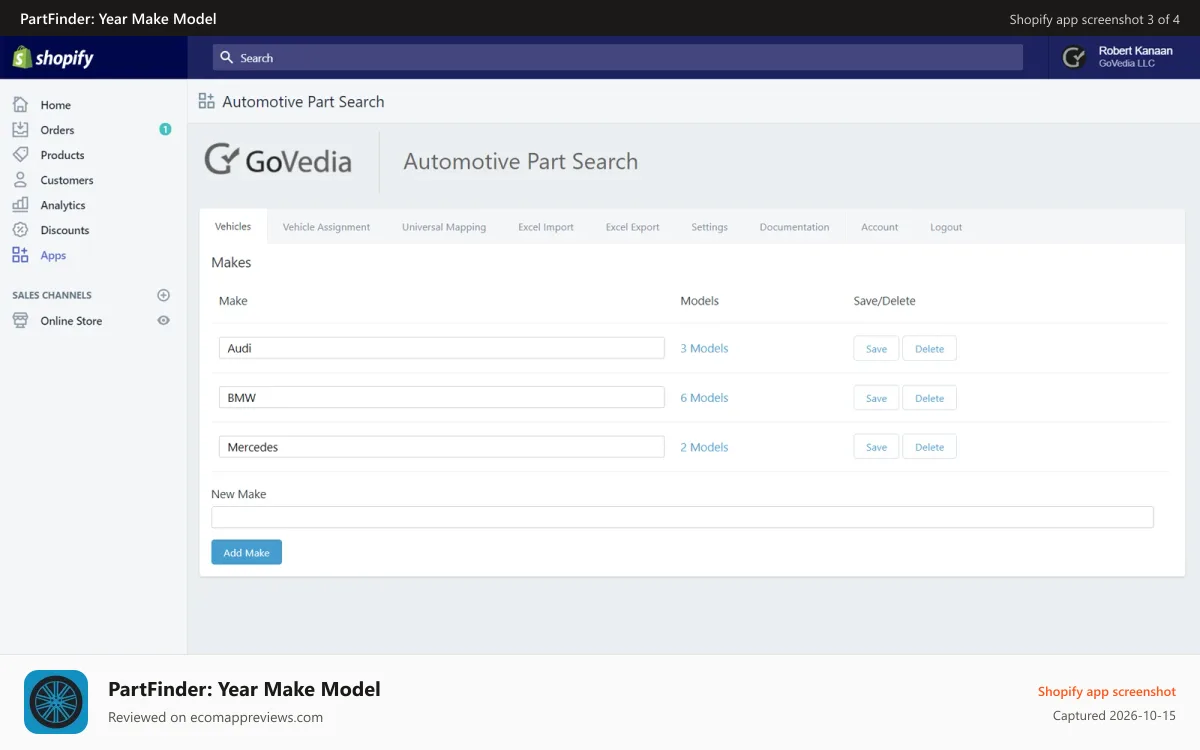 PartFinder: Year Make Model Shopify app screenshot: Vehicle Manager