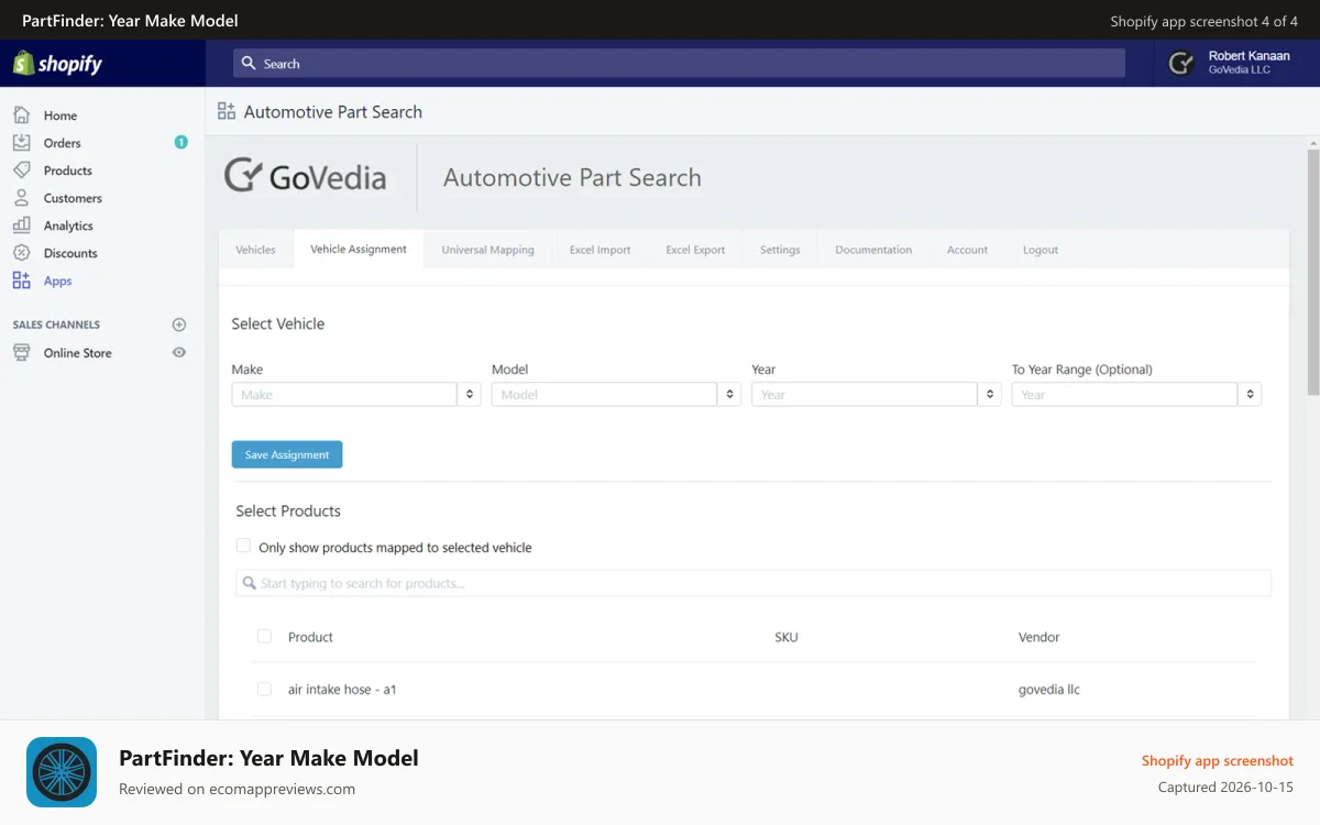 PartFinder: Year Make Model Shopify app screenshot: Vehicle Fitment Mapping