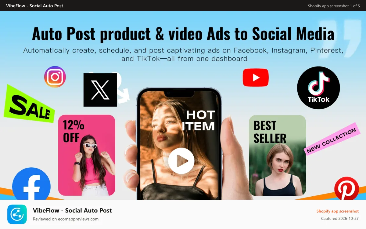 VibeFlow ‑ Social Auto Post Shopify app screenshot: Auto post to Tiktok, Facebook, Instagram,X Twitter and Pinterest