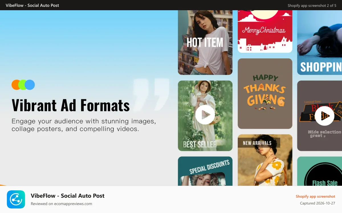 VibeFlow ‑ Social Auto Post Shopify app screenshot: Vibrant post formats, images, collages, compelling video posts