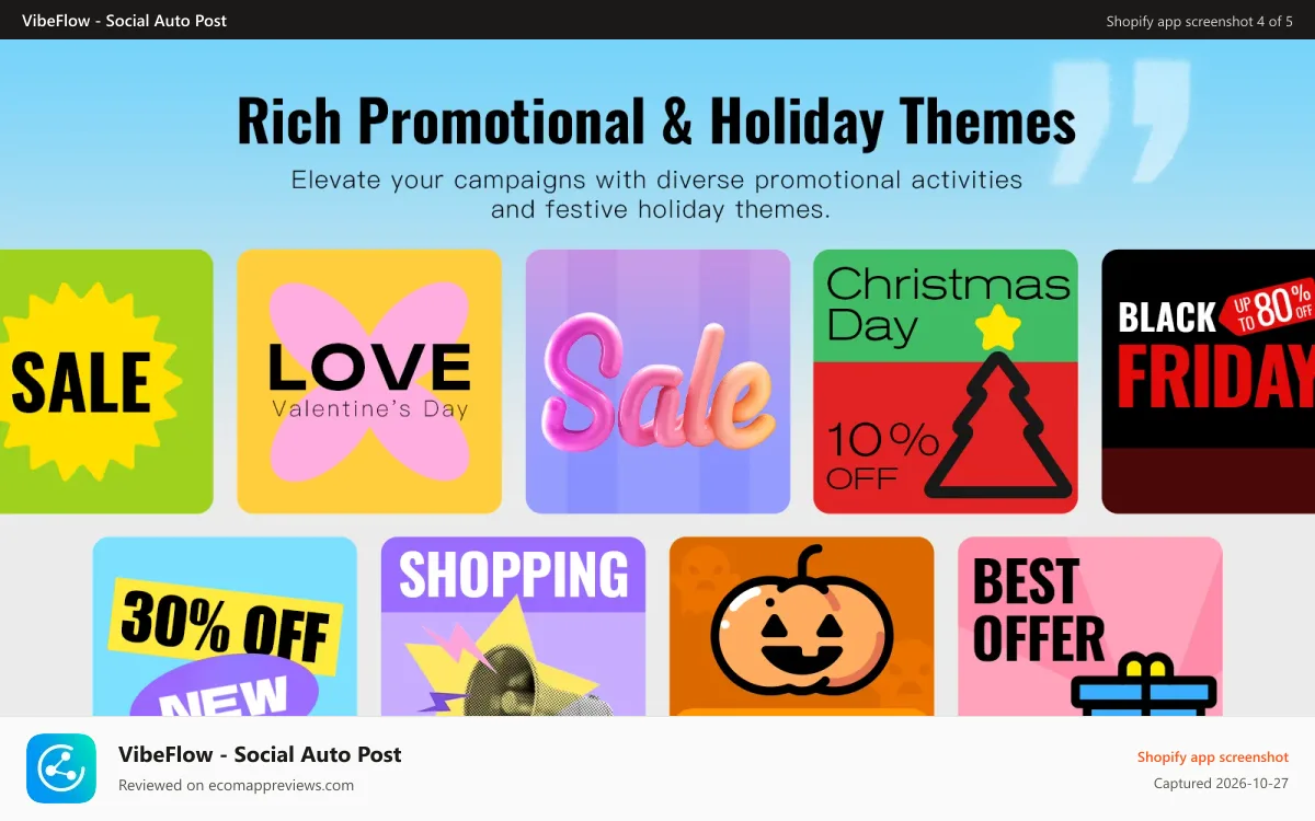 VibeFlow ‑ Social Auto Post Shopify app screenshot: Elevate your campaigns with rich promotional and holiday themes