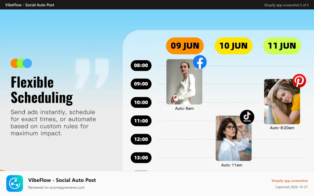 VibeFlow ‑ Social Auto Post Shopify app screenshot: Flexible scheduling, send posts instantly, schedule or automate