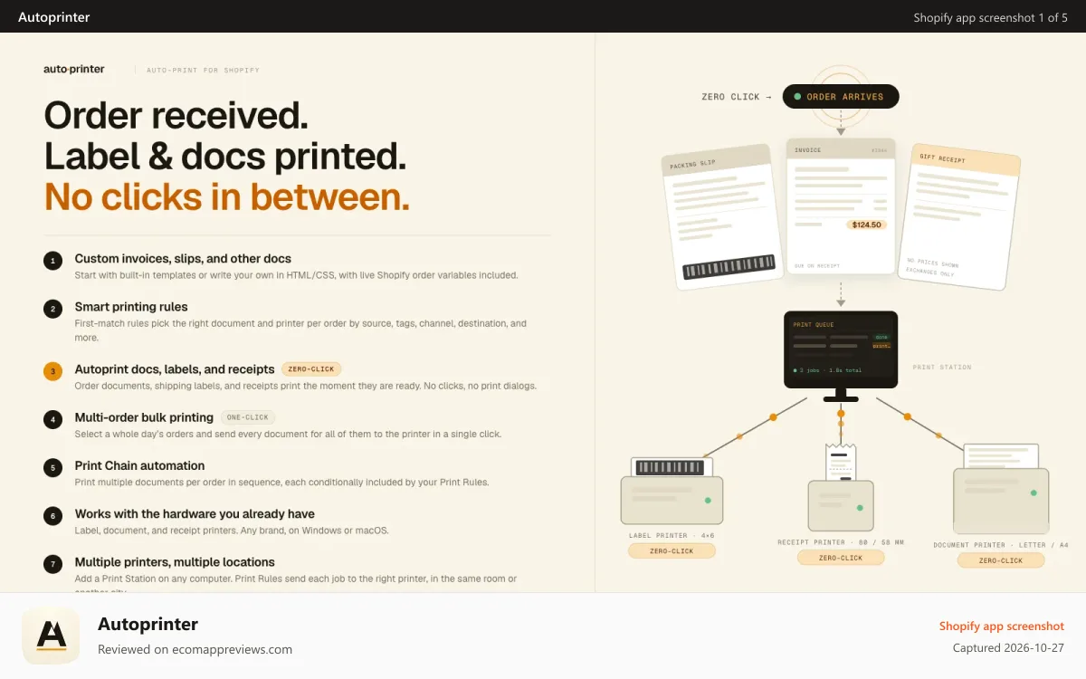 Autoprinter Shopify app screenshot: Autoprinter - a full solution to custom docs and auto printing