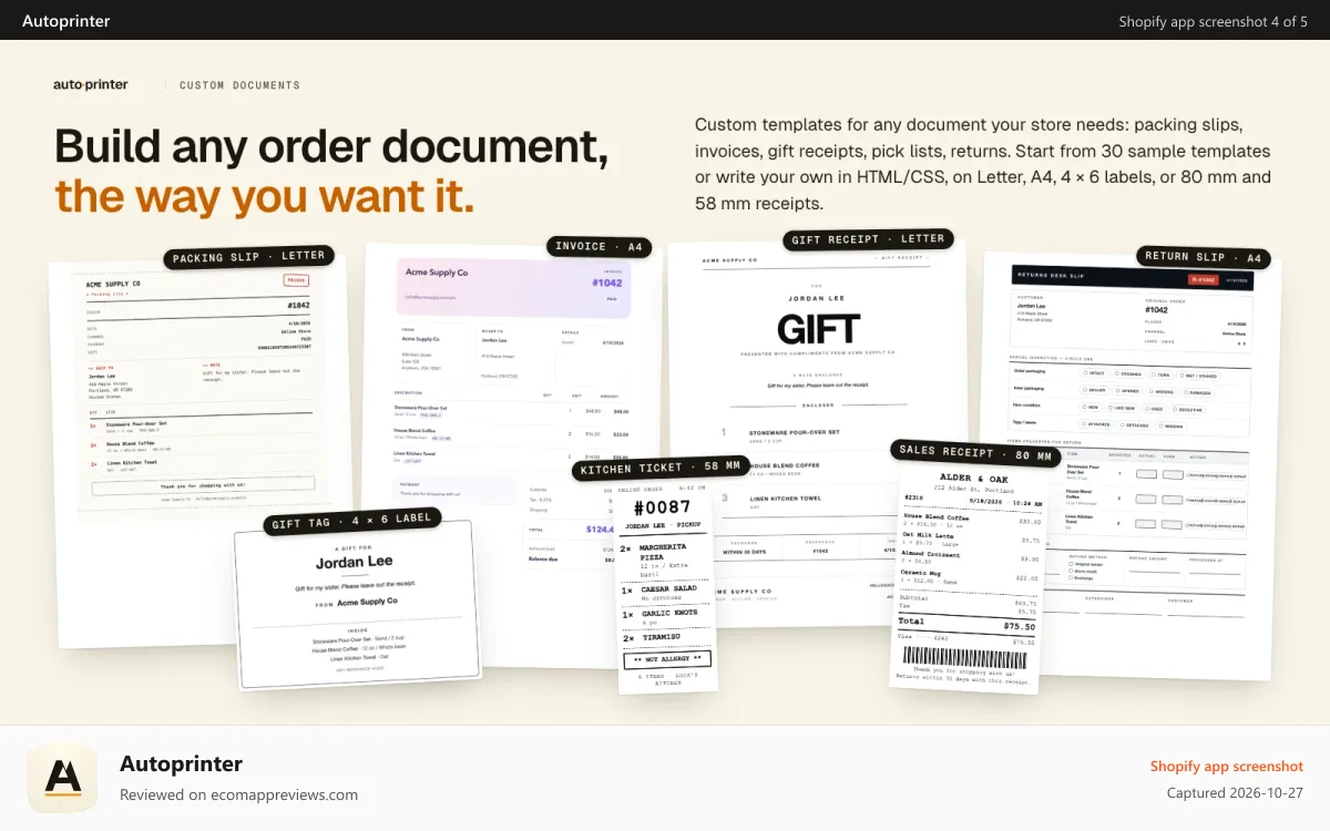 Autoprinter Shopify app screenshot: Author your own document templates and configure when they print
