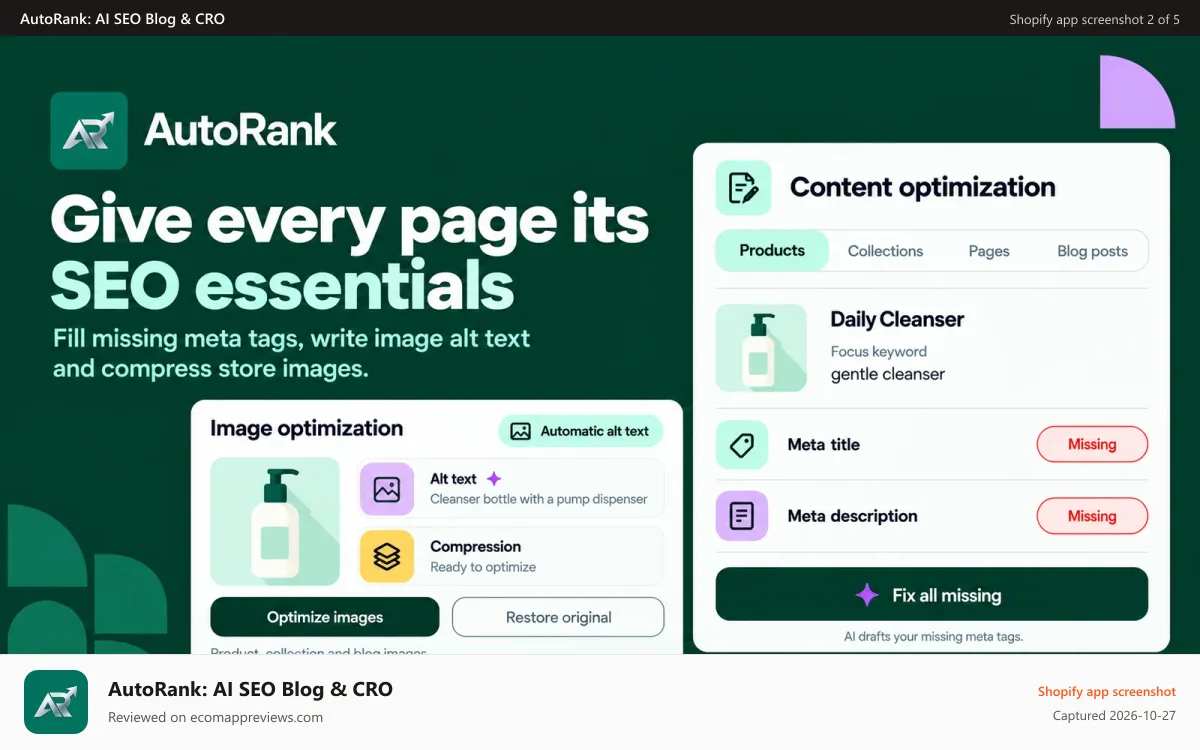 AutoRank: AI SEO Blog & CRO Shopify app screenshot: Product SEO scores, AI-written meta title, alt text and image op