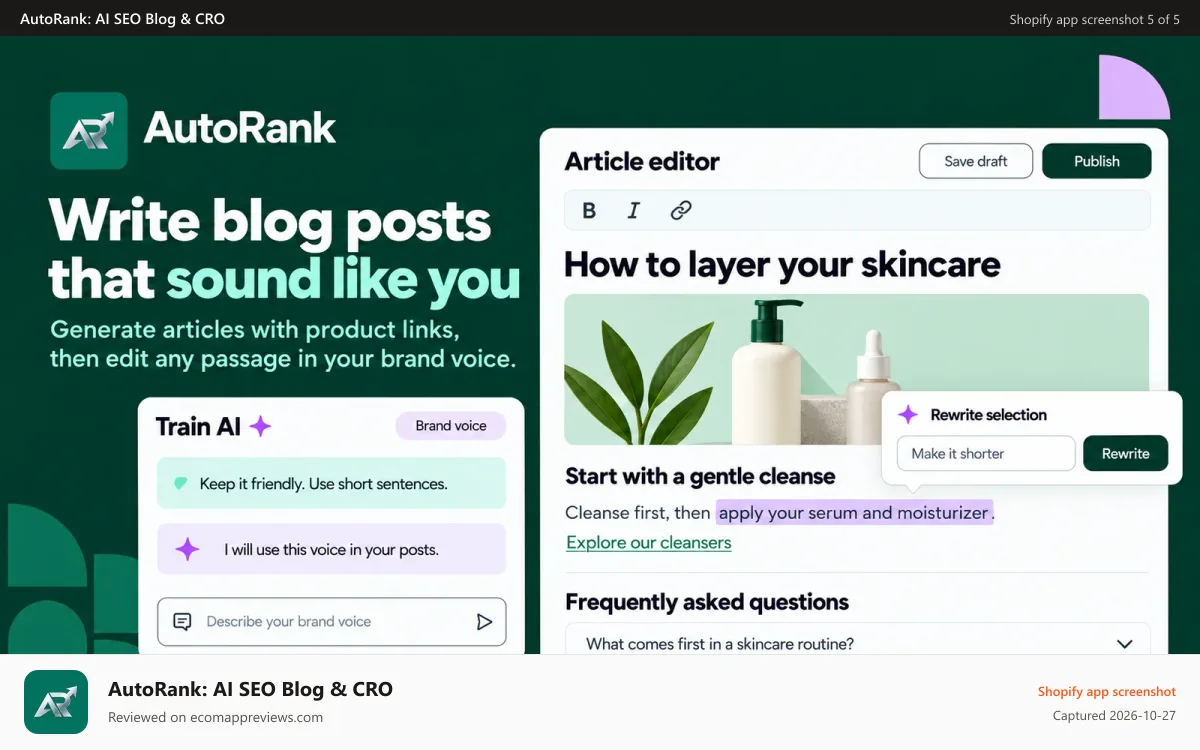 AutoRank: AI SEO Blog & CRO Shopify app screenshot: AutoRank dashboard with SEO health, PageSpeed and every tool in