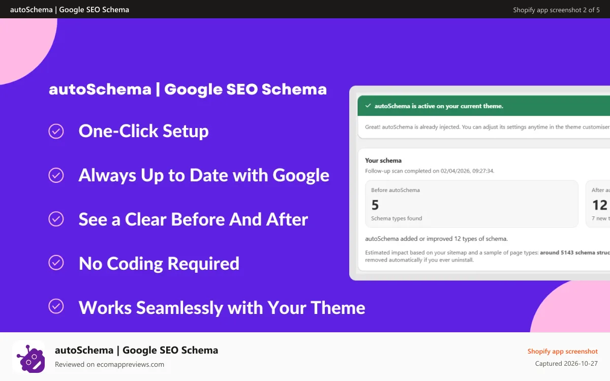 autoSchema | Google SEO Schema Shopify app screenshot: Automatic schema markup and strucutred data for Google SEO