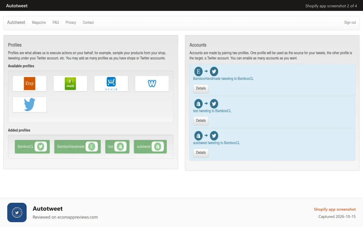 Autotweet Shopify app screenshot: Account overview