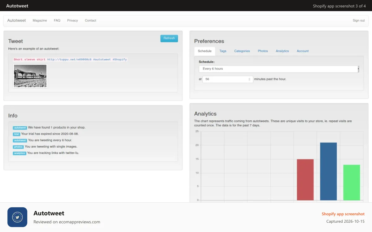 Autotweet Shopify app screenshot: Tweet preview and settings pane