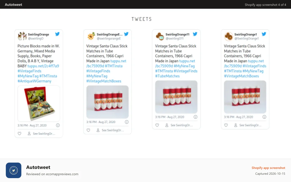 Autotweet Shopify app screenshot: Multiple Twitter accounts