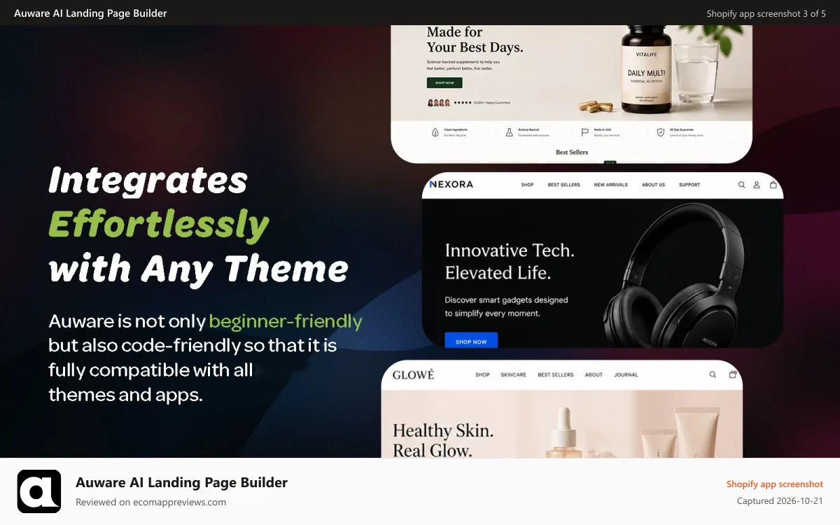 Auware AI Landing Page Builder Shopify app screenshot: Auware integrates effortlessly with any Shopify theme