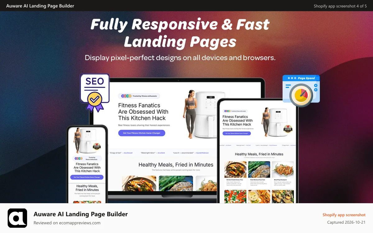 Auware AI Landing Page Builder Shopify app screenshot: Lightning-fast, fully responsive Auware pages on all devices