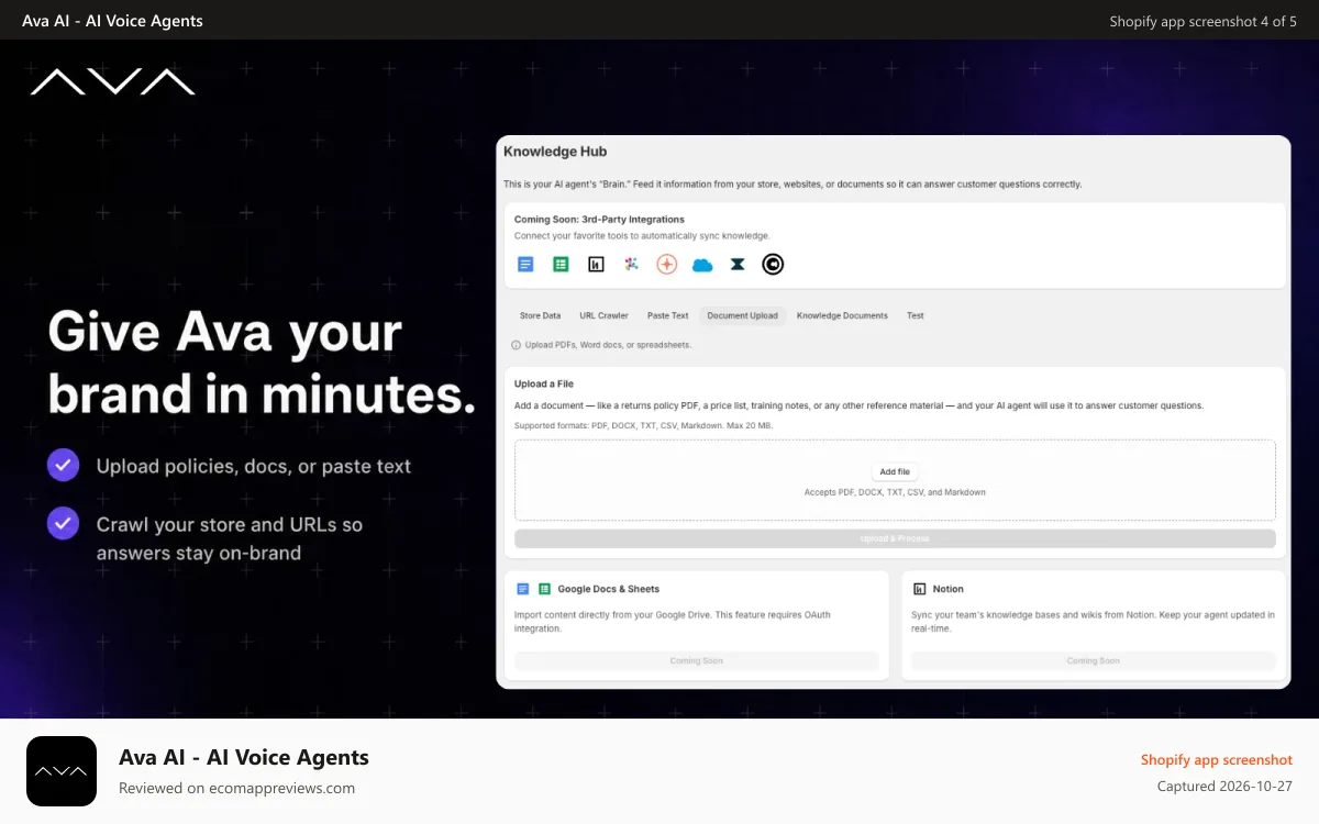Ava AI ‑ AI Voice Agents Shopify app screenshot: Knowledge Hub upload for policies, docs, and store URLs