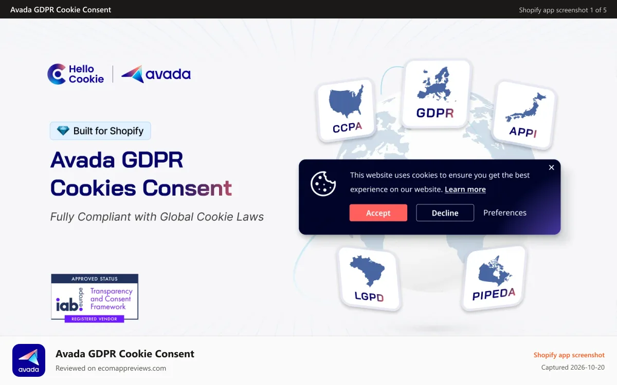 Avada GDPR Cookie Consent Shopify app screenshot: Avada GDPR CCPA LGPD APPI cookie consent banner for Shopify