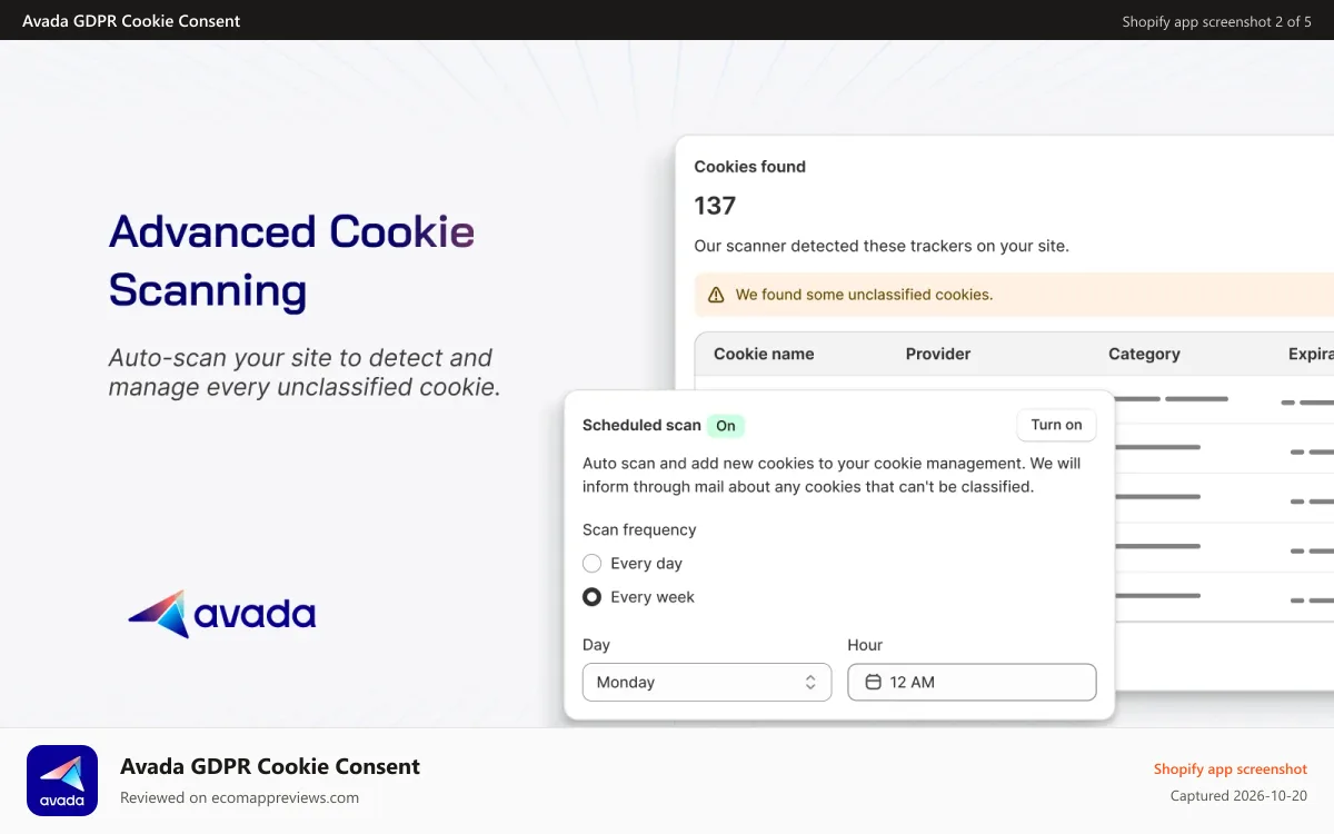 Avada GDPR Cookie Consent Shopify app screenshot: Avada cookie scanner listing every tracker found on your store