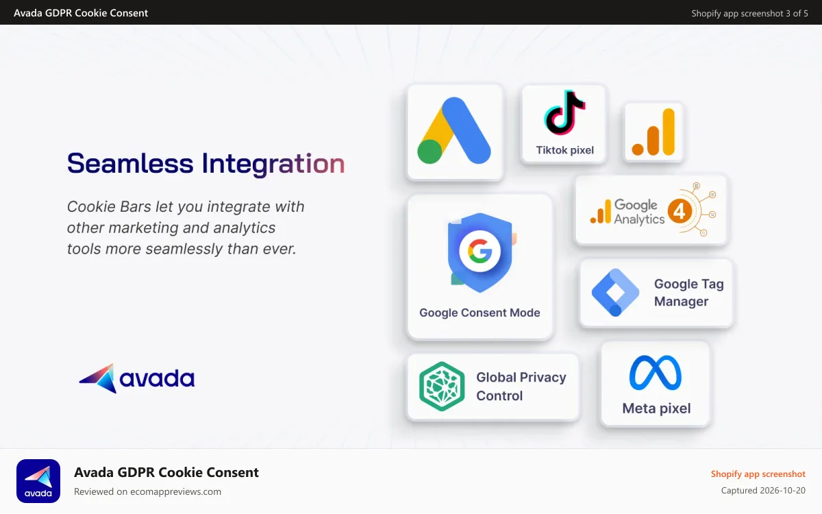Avada GDPR Cookie Consent Shopify app screenshot: Avada consent mode v2 setup for Google GTM Meta TikTok pixels