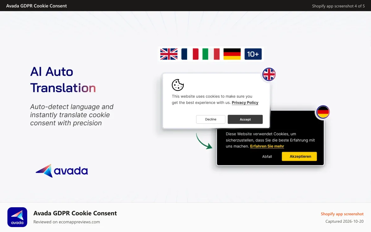 Avada GDPR Cookie Consent Shopify app screenshot: Avada AI translated cookie banner for GDPR multilingual stores